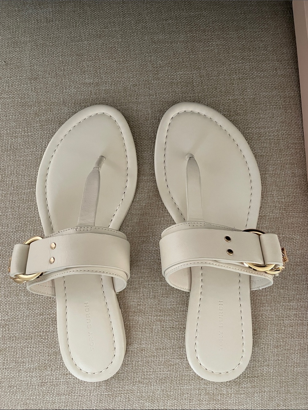 Tory Burch Ivory Toe-Post Sandals with Gold Buckle